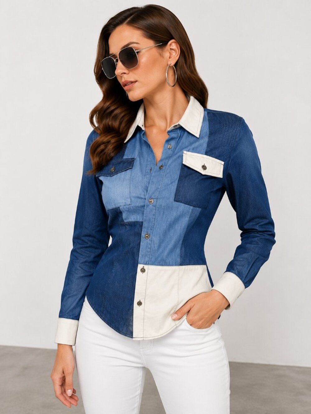 Patchwork Denim Button Down Shirt Colorblock NWT
